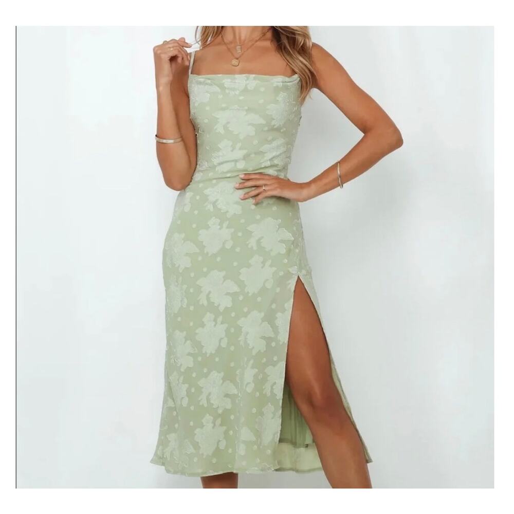 Sage Green Midi Dress Side Slit Floral Cross Back Tie Small Fairy Y2K Coquette